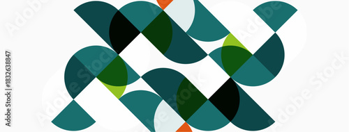 Abstract pattern features overlapping semicircles. Teal, green, orange hues dominate white background. Modern design element.