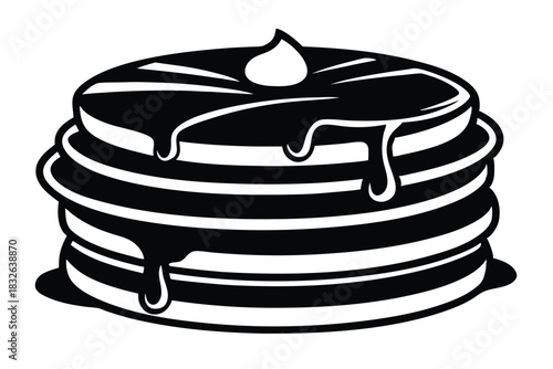 A monochrome pancake stack with syrup and topping creates a sweet, isolated treat