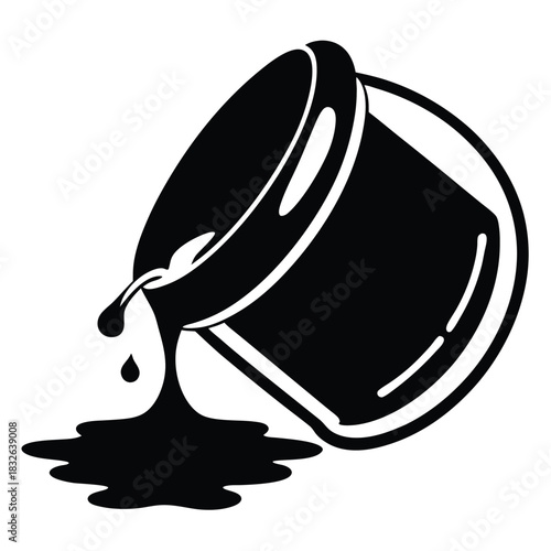 Isolated black pot spills liquid, creating a simple monochrome splash illustration image