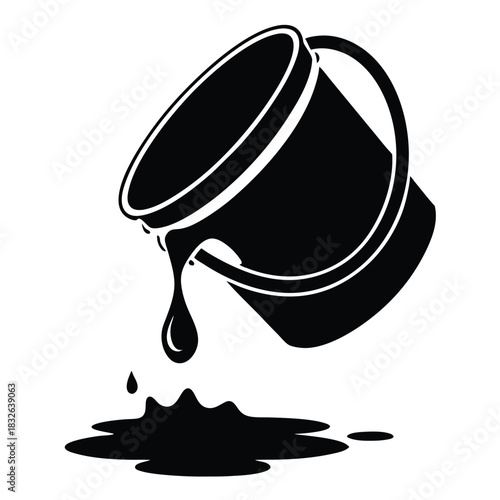 Black paint pours from a tilted pail creating a puddle on the white ground