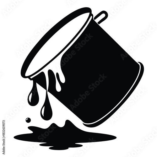 An overturned can spills dark fluid with drops leaving a black puddle behind