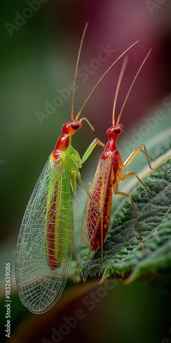 Wallpaper Mural Two Delicate Lacewing Insects on a Leaf, Close-Up Macro Photography Showcasing Intricate Wing Veins and Vibrant Colors, Nature's Beauty Torontodigital.ca