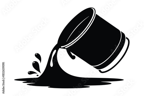 An overturned black bucket is seen spilling a dark fluid in monochrome style