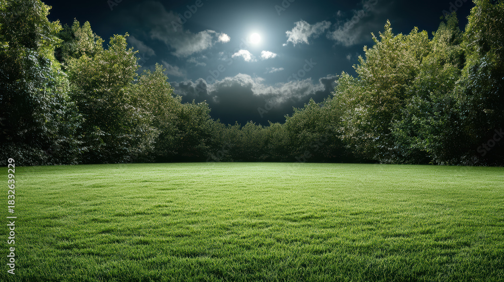 Naklejka premium Moonlit grass field with surrounding trees under cloudy night sky