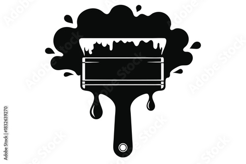 Black silhouette shows dripping paint brush with paint splattered around on a white backdrop