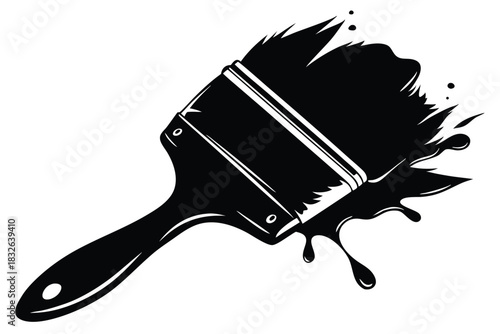 Black paint spreads outward from the fully loaded paintbrush in a splattering motion