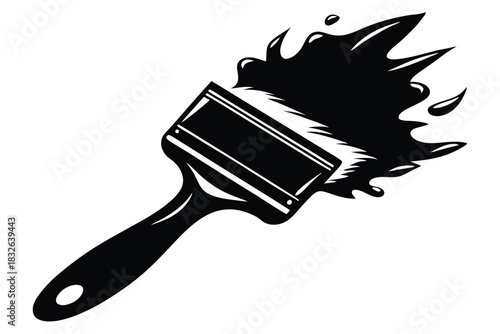 Black paint explodes from the bristles of a flat brush in monochrome style