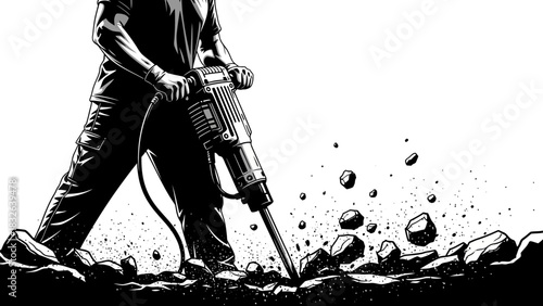 Jackhammer Worker Illustration – Construction Demolition Power Tool Artwork
