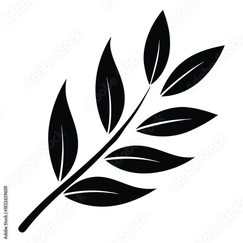 A solid black simple branch showcases a row of several beautiful leaves perfectly