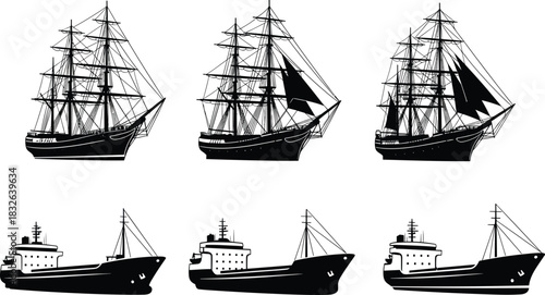 Sailing Ship and Cargo Vessel Silhouettes Vector Set: Black and White Icons of Historic Clipper Ships and Modern Freighters for Maritime and Ocean Graphics Illustration.