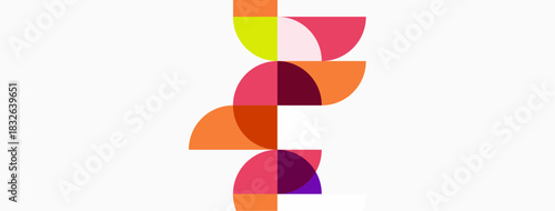 Abstract geometric design. Colorful semicircles stacked vertically, creating dynamic composition. Minimalist style, modern aesthetic.