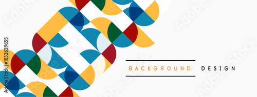 Abstract geometric shapes overlap, creating vibrant background. Colors include blue, orange, red, yellow, green. Minimalist design elements present.