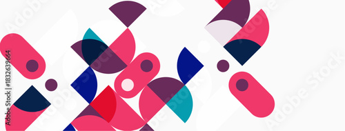 Abstract shapes overlap, creating vibrant composition. Pink, purple, blue tones dominate white background. Modern design elements present.