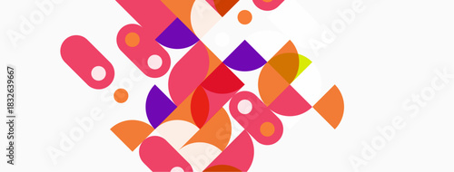 Abstract colorful shapes overlap, creating dynamic composition. Pink, purple, orange hues dominate white background. Modern design.