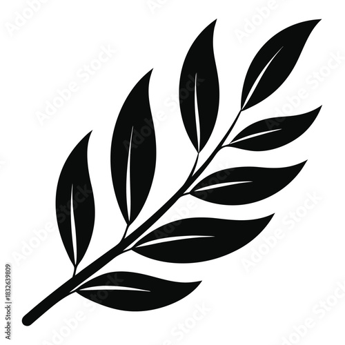 A single black branch with large leaves stands out against a white background