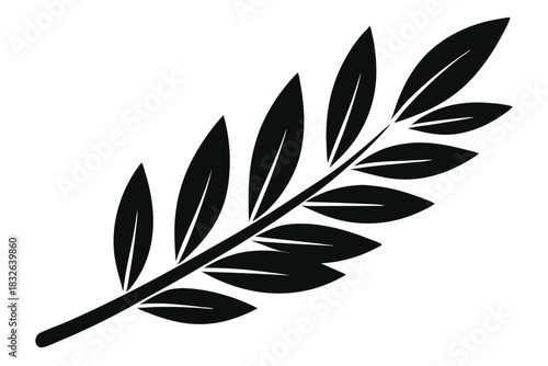 Simple black branch with green leaves on white makes a graceful botanical element