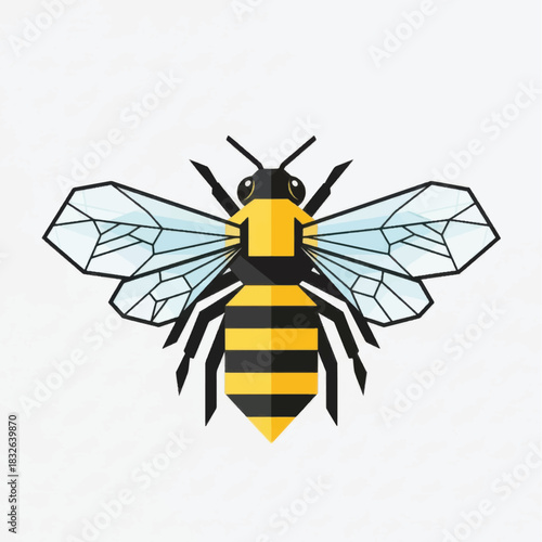 Geometric bee illustration with wings and stripes on a white background.