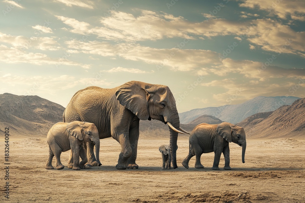Fototapeta premium A family of elephants walking through a desert landscape, with mountains in the background.