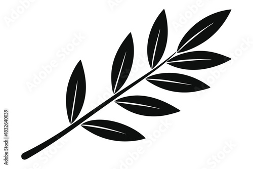 A stylized black olive branch showcases lush leaves against a pure white backdrop