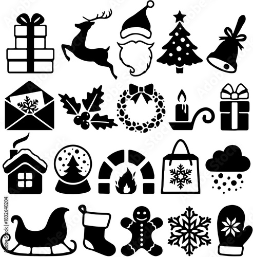 Christmas Holiday Icon Set. Winter Seasonal Silhouette Collection.