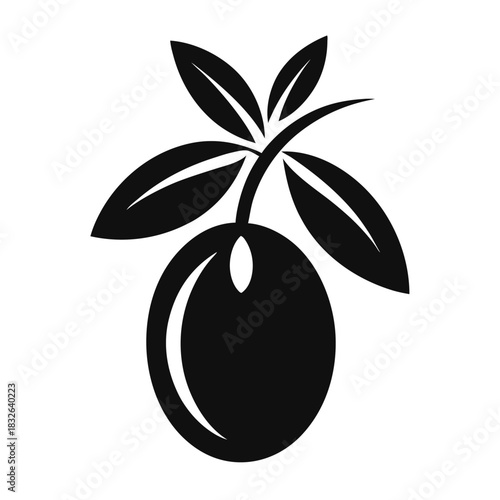 Olive fruit with its leaves in minimalist black silhouette is a striking image