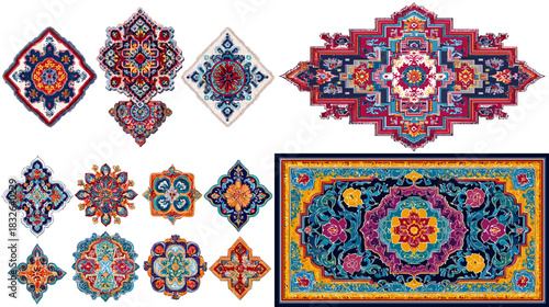Vibrant ornamental carpet and mandala motifs with intricate geometric shapes and rich cultural patterns, ideal for textile design, decoration, and artistic illustration.