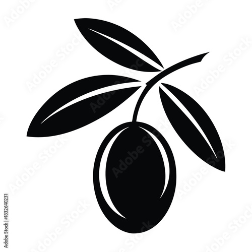 Single black olive still life on branch with leaves evokes rustic charm
