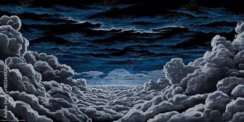 Dramatic Sky with Clouds and Moon, Engraving Style, Dark Blue Tones, Atmospheric Landscape, Detailed Cloudscape, Fantasy Sky, Night Sky, Dreamy,