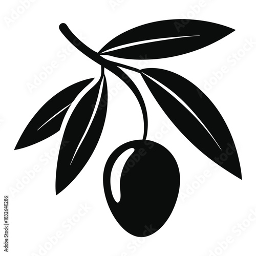 Silhouette of a single black olive branch featuring leaves and ripe fruit