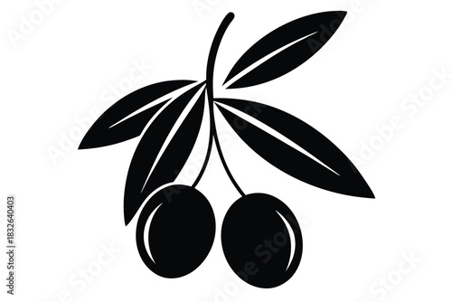 Black silhouette shows two olives hanging from a leafy branch beautifully against white