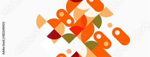 Abstract geometric shapes overlap, creating vibrant composition. Orange, brown, green hues dominate neutral background. Modern design.