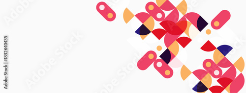 Abstract geometric shapes, vibrant colors, pinks, purples, yellows. Minimalist design, clean background, modern aesthetic. Composition focuses on lower right corner.