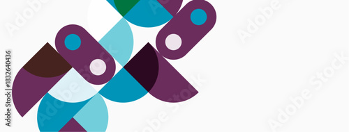 Abstract shapes overlap, creating dynamic composition. Purple, teal hues dominate white background. Modern design elements present.