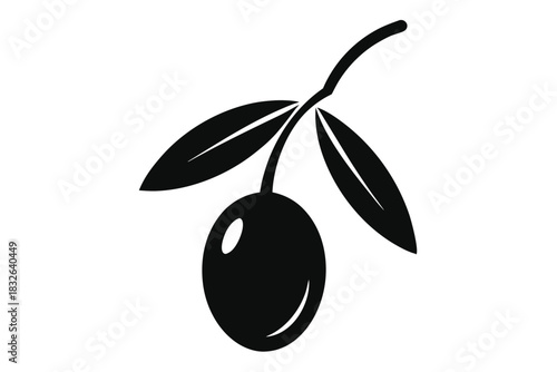 Isolated black silhouette showcases a single olive hanging with two leaves and a stem
