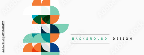 Abstract geometric shapes create modern design. Colors include orange, teal, navy, gray. Minimalist aesthetic suits backgrounds, branding.