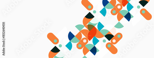 Abstract geometric shapes, orange, teal, navy. Minimalist design, clean lines, modern aesthetic. Diagonal arrangement creates dynamic visual flow.
