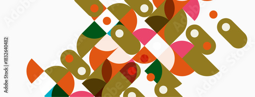 Abstract geometric composition. Circles, ovals, rectangles overlap creating colorful pattern. Modern design, simple shapes, flat aesthetic.