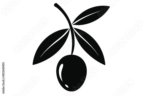 Single black olive is seen hanging from its stem with three leaves