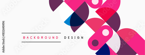 Abstract geometric shapes overlap, creating vibrant pink, purple, navy composition. Minimalist design with text below. Modern aesthetic.