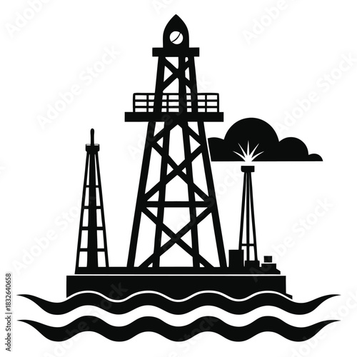 Isolated offshore oil platform with two derricks is on wavy water in monochrome