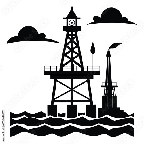 Silhouette shows an offshore platform along with a production facility and clouds in the sky