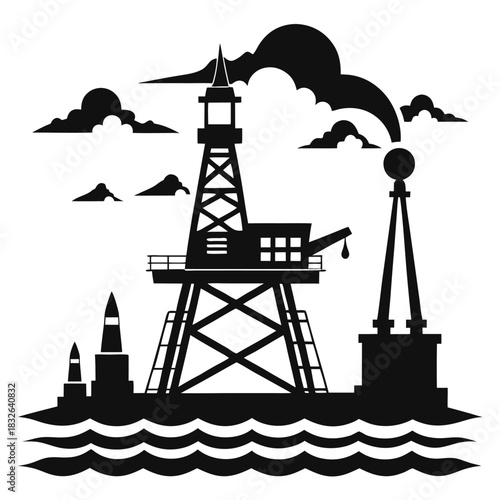 Oil rig stands on water beside a navigation tower beneath a cloudy sky