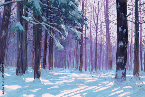 Winter Forest Landscape Painting with Snow Covered Trees and Purple Hues, Artistic Impression of Winter Scene, Serene and Cold Ambiance, Digital Art