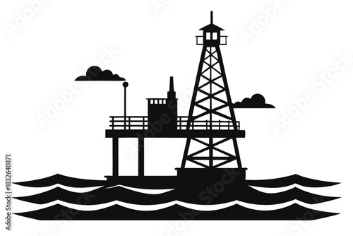 In minimalist black silhouette, an offshore oil rig stands amidst stylized ocean waves