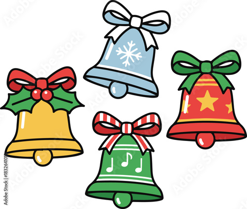  A collection of four festive cartoon Christmas bells, each uniquely decorated with elements like holly, snowflakes, stars, and musical notes, topped with bows in various colors.