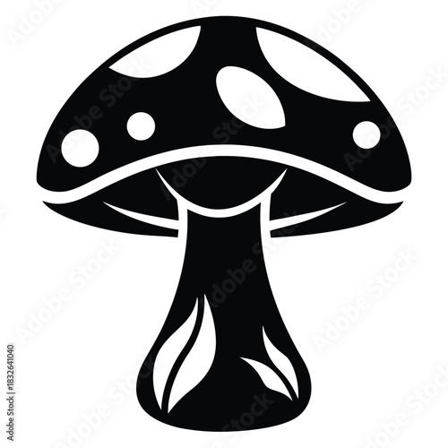 Black and white simple icon of mushroom with white spots stands alone