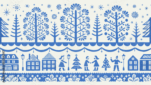 Whimsical winter village scene with charming folk art style, perfect for holiday designs and seasonal greetings