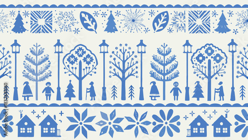 Charming Scandinavian folk art pattern with trees, houses, and people for festive seasonal designs