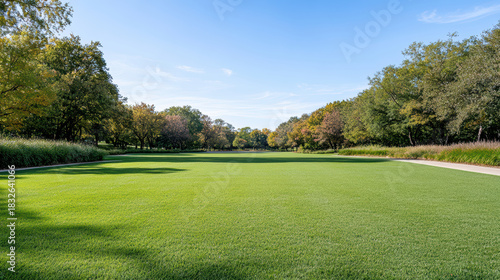 Fototapeta Naklejka Na Ścianę i Meble -  Lush green park lawn framed by autumn trees and clear blue sky, peaceful outdoor scene