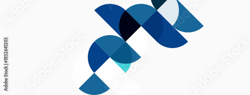 Abstract design features overlapping blue semicircles, creating dynamic visual flow. Minimalist aesthetic, clean lines, modern composition.